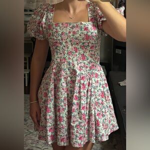 Floral Puff Sleeve Mini Dress - Pink and White